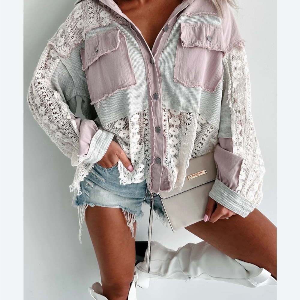 POL Lace Patchwork Jacket in Pink and Gray
